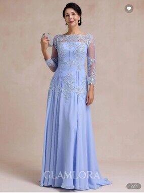Light Blue Lace Applique Evening Gown